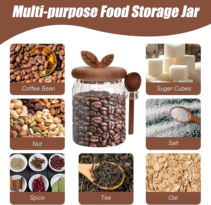 Brown Sugar Keeper Bowl with Lid and Spoon 2 Pack, 20 oz Airtight Glass Canister for Brown Sugar, Coffee Bar Container | Spice, Peper, Cereal, Tea, Spice Storage Jar | Modern Decorative