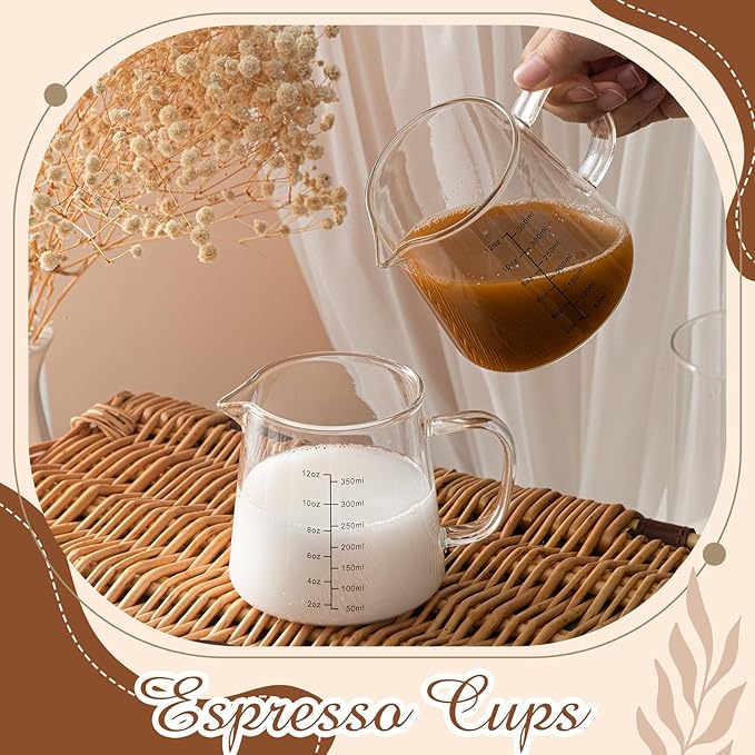 Honeydak 1 Pack 12oz Coffee Measuring Glass Cups Espresso Pitcher Heat Resistant Glass Coffee Measuring Cup Milk Frothing Pitcher Espresso Shot Glasses, Creamer Container, Microwave Dishwasher Safe