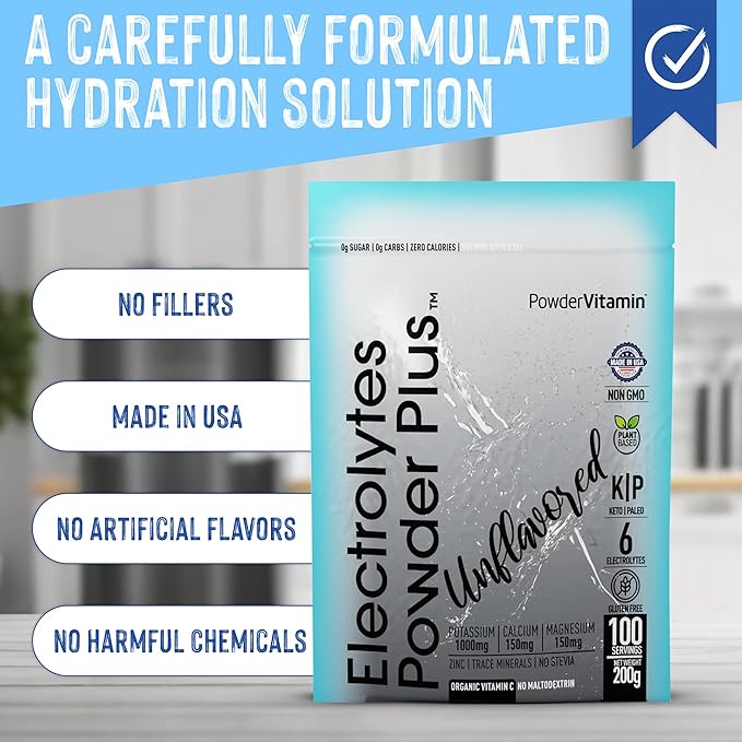 PowerVitamin Unflavored Electrolytes Powder No Sugar for Daily Energy - Keto Electrolytes - Hydration Powder with 1000mg Potassium, 120mg Calcium, Magnesium, No Stevia, 100 Servings