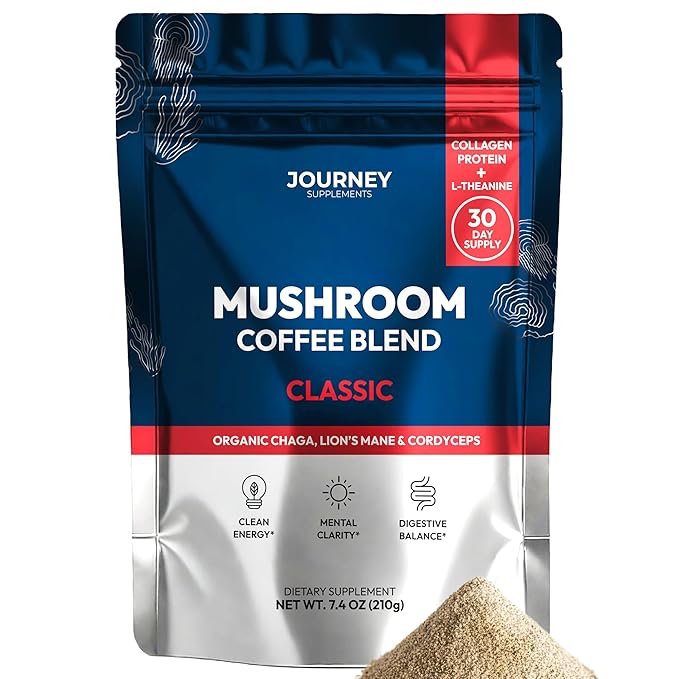 Mushroom Coffee with Collagen - Classic Blend – Adaptogenic Instant Coffee for Energy, Focus, & Mental Clarity – Enhanced with Lion’s Mane, Chaga, Cordyceps & L-Theanine (30 Servings)