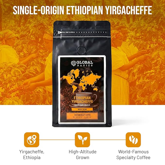 Ethiopian Yirgacheffe Whole Bean 12 Ounce Coffee - Medium Roast - Ehiopian Coffee