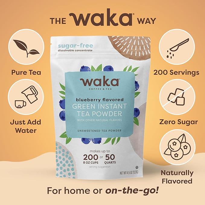 Waka Instant Green Tea Mix, Blueberry Flavored - 100% Tea Leaves and Natural Flavor, No Additives, Unsweetened Tea Powder in Bulk Pouch – Easy Quick Hot and Iced Teas, Up to 200 Cups (4.5oz)