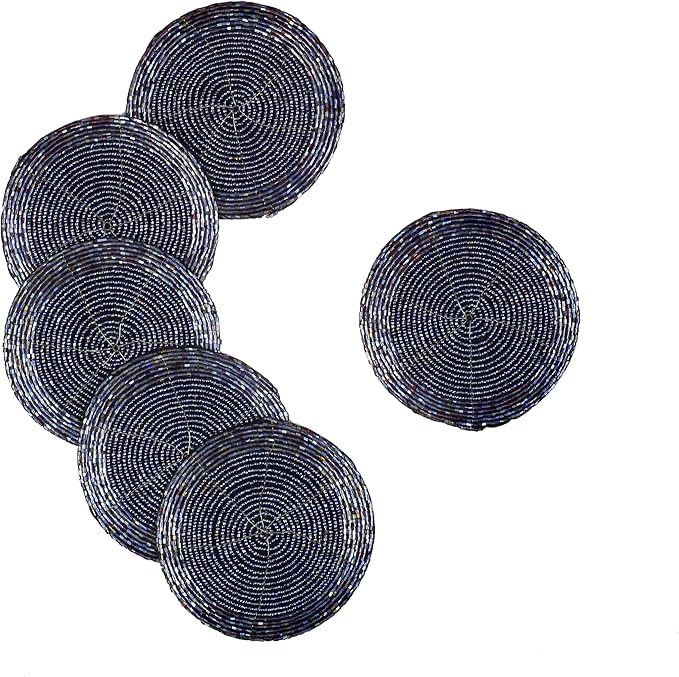 Handmade Beaded Wire Coaster Set of 6-4 Inch Round Coasters, Elegant Beautiful Stylish Decorative Drink Coaster Perfect for Home, Office, Christmas, & Everyday Use - Navy Luster