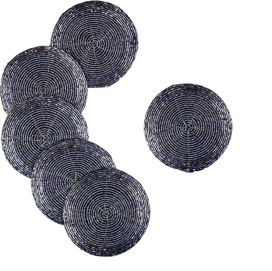 Handmade Beaded Wire Coaster Set of 6-4 Inch Round Coasters, Elegant Beautiful Stylish Decorative Drink Coaster Perfect for Home, Office, Christmas, & Everyday Use - Navy Luster