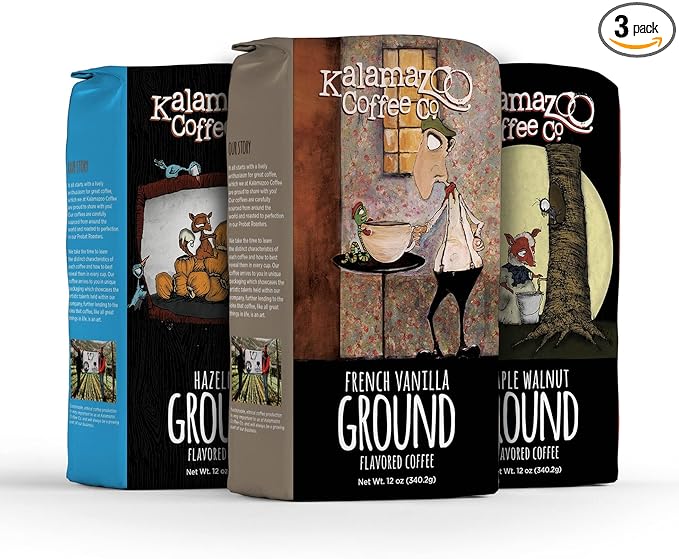 KALAMAZOO COFFEE COMPANY Flavored Ground Coffee Variety Pack - Hazelnut, French Vanilla, & Maple Walnut | 12oz Bag (3 Pack)