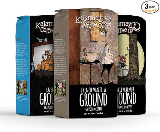 KALAMAZOO COFFEE COMPANY Flavored Ground Coffee Variety Pack - Hazelnut, French Vanilla, & Maple Walnut | 12oz Bag (3 Pack)
