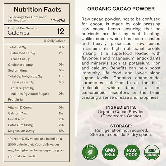 Mayan’s Secret - Organic Cocoa Powder Unsweetened - Raw Cacao Powder Organic Pure Dark Cacao for Smoothie, Coffee and Drink Mixes - Non-Alkalized, Vegan & Gluten Free (1 Pound - Pack of 1)