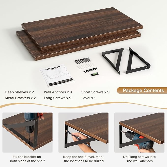 Deep Floating Shelves Wall Mounted, 24"x12" Walnut Wall Shelves with Brackets Set of 2 for Bedroom, Living Room, Bathroom, Kitchen, Office - Storage & Display Shelf for Decor, Books, Plants