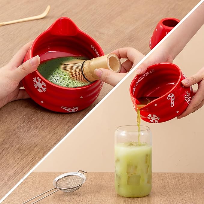 5pcs Premium Matcha Set,Ceramic Bowl with Spout and Bamboo Whisk set, Ceremonical Matcha Kit for holiday,Tea Starter Making Kit,Christmas Matcha Gift set (Reindeer Red)