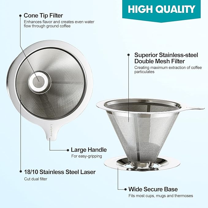 Laiyeoy Pour Over Coffee Dripper, Slow Drip Paperless Coffee Filter, Stainless Steel Pour Over Coffee Maker for Single Cup Brew, Double Mesh Design of Manual Reusable Cone Filter.