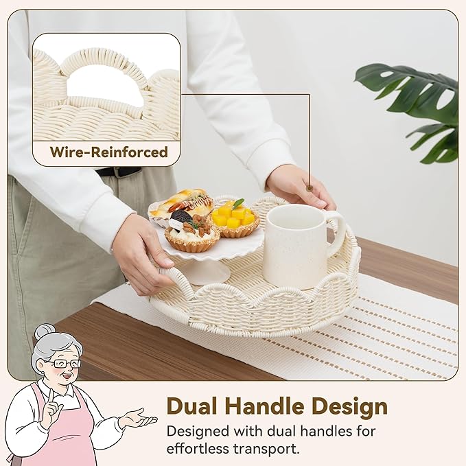 GRANNY SAYS Wicker Decorative Scalloped Trays for Home Decor, Coffee Table Trays with Handles, Woven Rattan Tray for Kitchen Counter, Round Serving Tray Decor for Living Room and Ottoman, White