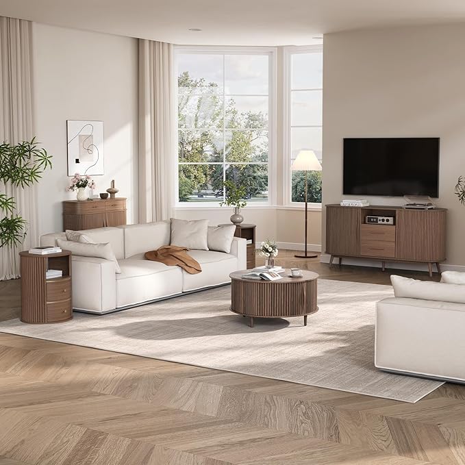 Round Coffee Table with Storage, 31.5" Fluted Center Table for Living Room, Modern Walnut Wood Circle Drum Table with Sliding Cabinet Door, Mid Century Furniture for Small Space