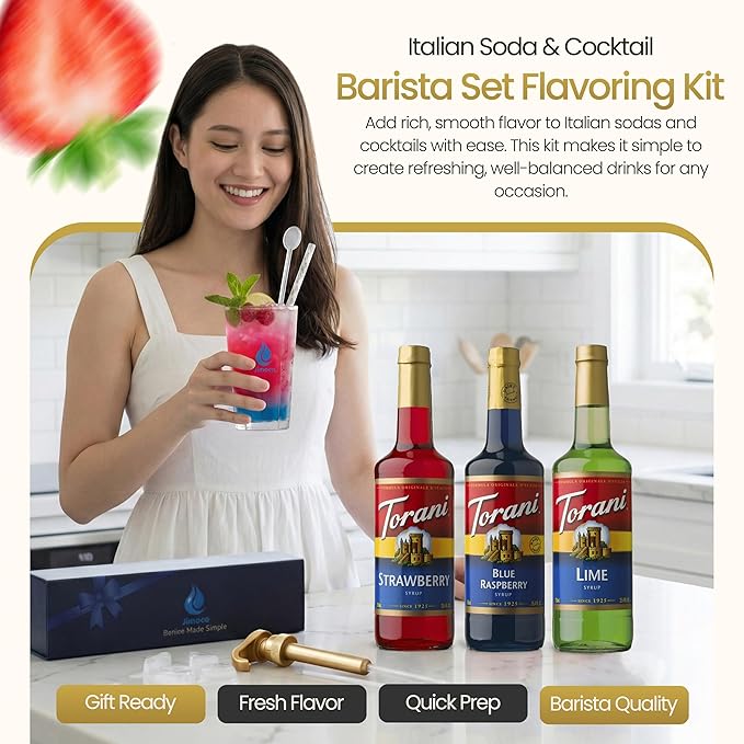 Jimoco Barista Set – Torani Lime, Strawberry & Blue Raspberry Syrups (25.4 oz Each) with 3 Jimoco Syrup Pumps, Reusable Cups, Straws & Stirrers – Coffee, Italian Soda & Cocktail Flavoring Kit