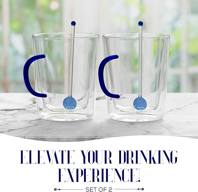 Elle Decor Double Wall Glass Coffee Mugs with Spoons | Set of 2 | Glass Cups with Colored Handles | Clear Coffee Mugs for Latte, Cappuccino, Espresso Coffee, Tea and Hot & Cold Beverages (Blue)