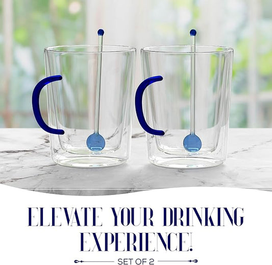 Elle Decor Double Wall Glass Coffee Mugs with Spoons | Set of 2 | Glass Cups with Colored Handles | Clear Coffee Mugs for Latte, Cappuccino, Espresso Coffee, Tea and Hot & Cold Beverages (Blue)