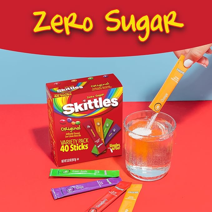 Skittles Singles To Go Variety Pack, Watertok Powdered Drink Mix, Zero Sugar, Low Calorie, Includes 4 Flavors: Green Apple, Strawberry, Grape, Orange, 1 Box (40 Single Servings)
