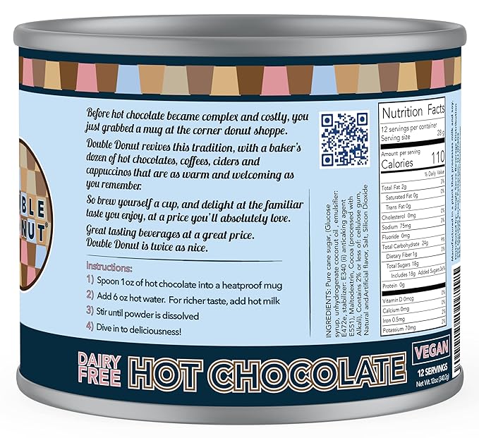 Double Donut Coffee Dairy Free Hot Chocolate Mix, Non Dairy Instant Vegan Hot Chocolate Mix, 12 Ounce