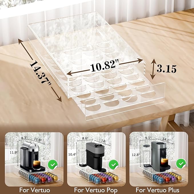 Acrylic Coffee Pod Organizer for Nespresso Vertuo Pod Holder 40 Pods Clear Vertuo Pod Storage Drawer (1 Tier) (Clear)