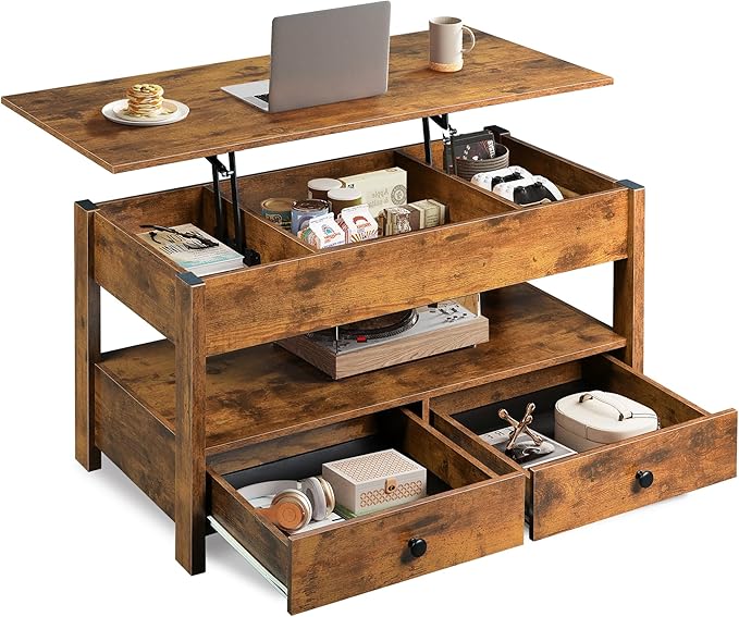 WLIVE Coffee Table, Lift Top Coffee Table with 2 Drawers, Large Storage and Open Shelf, Lift Tabletop for Living Room, Rustic Brown