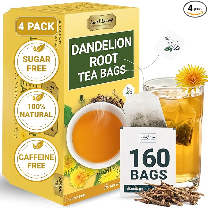 LeafLea Dandelion Root Tea Bags, 160 Dandelion Tea Bags, Natural Dried Dandelion Root, Caffeine-Free, Vegan, Gluten-Free, No Sugar, Sealed for Fresh Flavor, 4 Pack