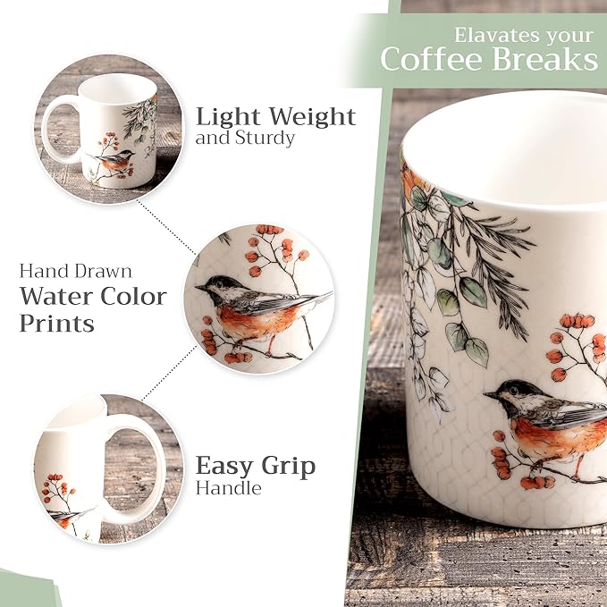 Maison d' Hermine Coffee Mug with Handles Fine Bone China Mugs Pack of Two Tea Cups for Hot Beverages Cappuccino Latte Home Restaurant Office Perfect for Gift (Whitish Shabby Chique, 15 Ounce)