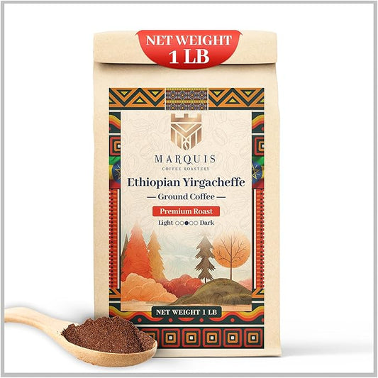 Marquis - Ethiopian Yirgacheffe Ground Coffee, Rich and Bold Ground Roast, Fresh Medium Roast with a Fruity Flavor, Premium Ethiopian Coffee, 1 lb