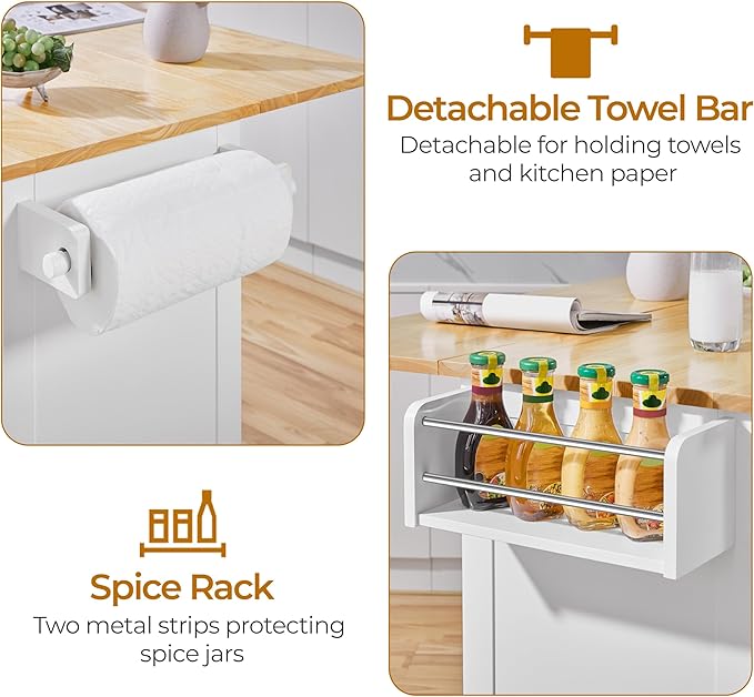 Yaheetech Kitchen Island Cart with Drop Leaf, 49" Rolling Island Table with Storage, Drawer, Kitchen Cart with Rubberwood Top, Detachable Towel & Spice Rack, White