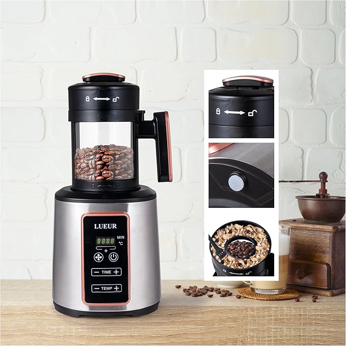 LUEUR Electric Coffee Bean Roaster Machine for Home Use, 1500W Hot Air Coffee Roaster with Adjustable Timer, Variable Heat & Air Fan Settings, Chaff Collection Basket, 100g Capacity