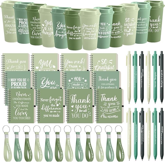 Skylety 12 Set/ 48 Pcs Employee Appreciation Gifts Bulk Thank You Inspirational Gift Set 16 oz Coffee Cups with Thank You Notebook Pen Keychain for Staff Team Teacher Coworker Friend (Green Gradient)