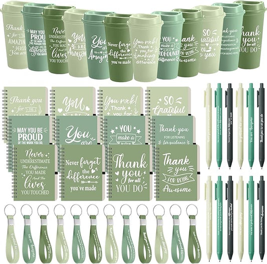 Skylety 12 Set/ 48 Pcs Employee Appreciation Gifts Bulk Thank You Inspirational Gift Set 16 oz Coffee Cups with Thank You Notebook Pen Keychain for Staff Team Teacher Coworker Friend (Green Gradient)