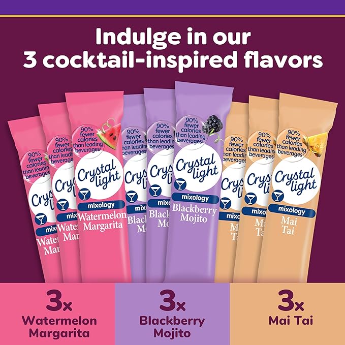 Crystal Light Mixology Drink Mix Variety Pack, 9 Packets, for Convenient On-the-Go Flavorful Hydration, Artificially Flavored Watermelon Margarita, Blackberry Mojito, Mai Tai, Zero Sugar, 1.17 oz