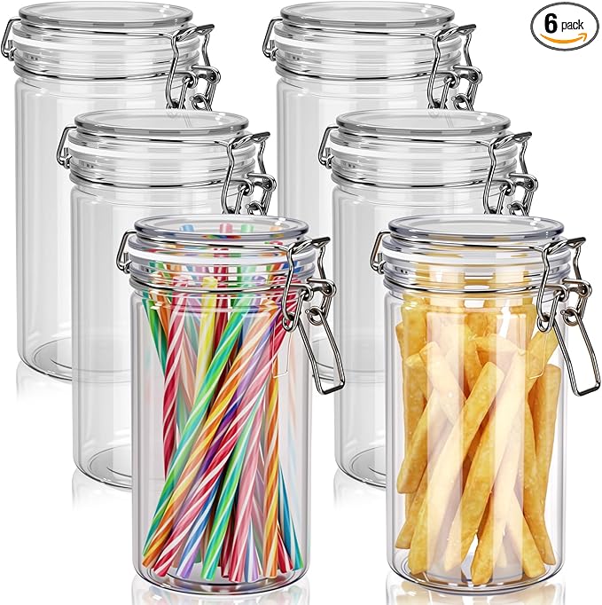 Suclain 6 Pcs 33 Oz/ 1000 ml Plastic Storage Jars with Airtight Hinged Lids, Clear Wide Mouth Food Storage Containers Empty Bottles Sealed Jars for Home Kitchen Candy Herbs Spices Coffee Nuts