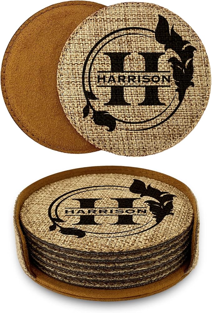Smile Art Design Family Custom Monogram Coaster Set of 6 with Base Round Burlap Material Family Name and Date Personalized Prints Personalized Gifts House Warming Wedding Gift Rustic Decor Style1