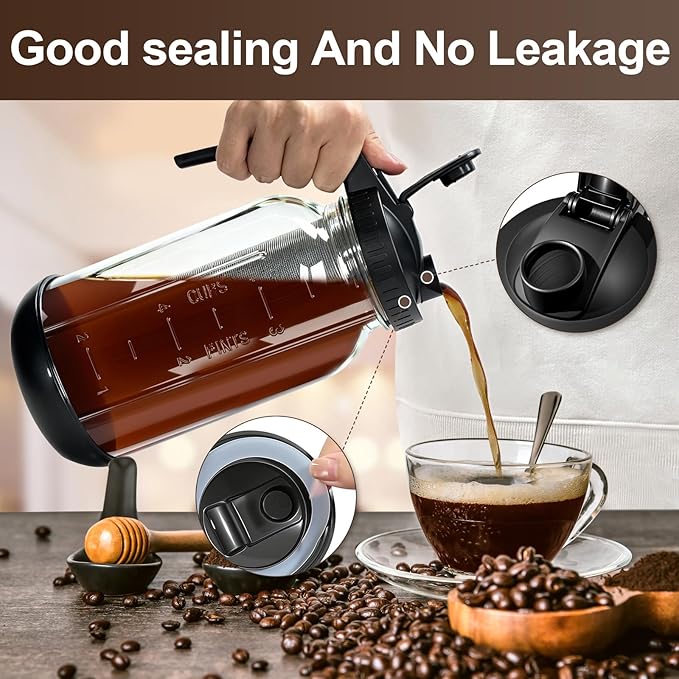 RuileMei Cold Brew Coffee Maker,64 oz mason jar pour spout lid, coffee carafe,Refillable Stainless Steel Filter,Non-slip silicone sleeve for glass pitcher, Homemade Beverage