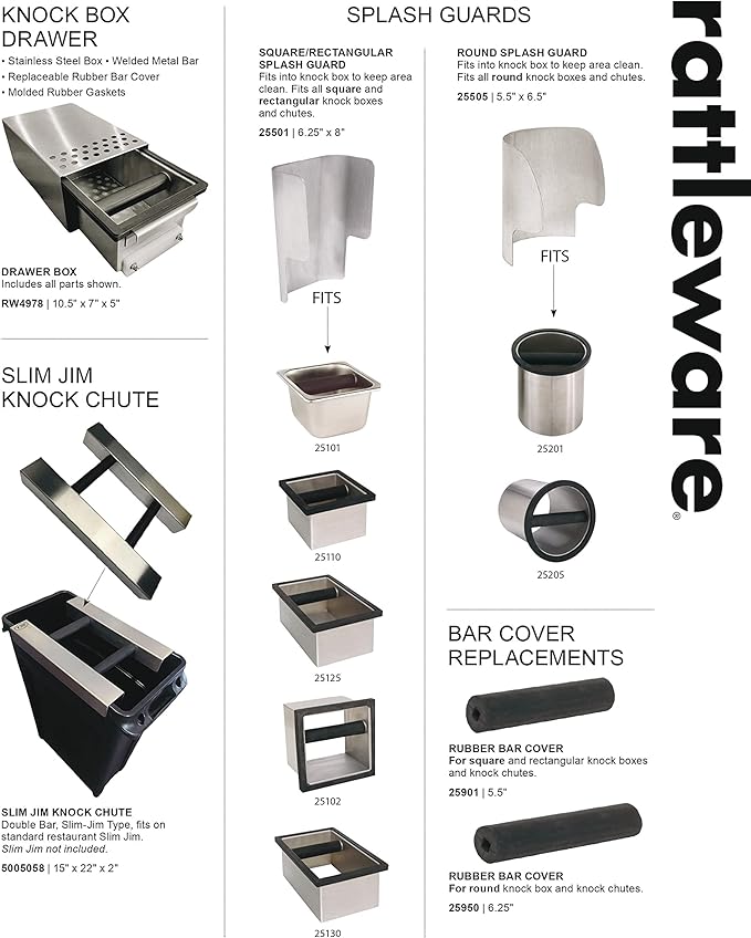 Rattleware Stainless Steel Knock Box – Heavy-Duty Espresso Puck Disposal Bin with Welded Rubber Bar – Perfect for Coffee Bar Accessories, Cafe, Restaurant, or Home Use (9.25" x 5.5" x 4")