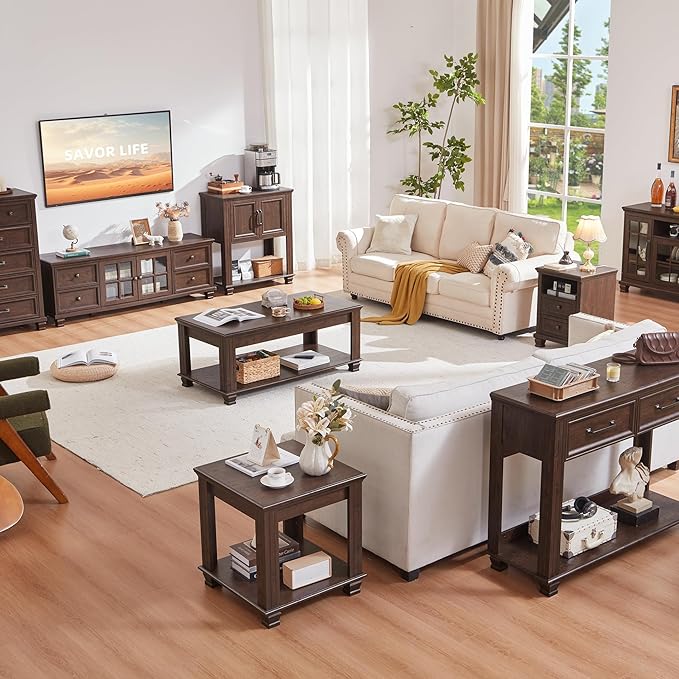Farmhouse Coffee Bar Table with 2-Door Cabinet, Kitchen Storage Cabinets with Open Shelf, Coffee Station for Dining Room, Kitchen, Hallway, Living Room, Walnut