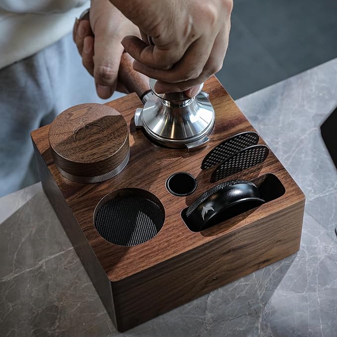 KNODOS Walnut 58mm Espresso Accessories Kit Includes Espresso Knock Box, Tamper Station, Calibrated Espresso Tamper, Adjustable Distribution Tool, Coffee Bean Dosing Cup and RDT Spray Bottle