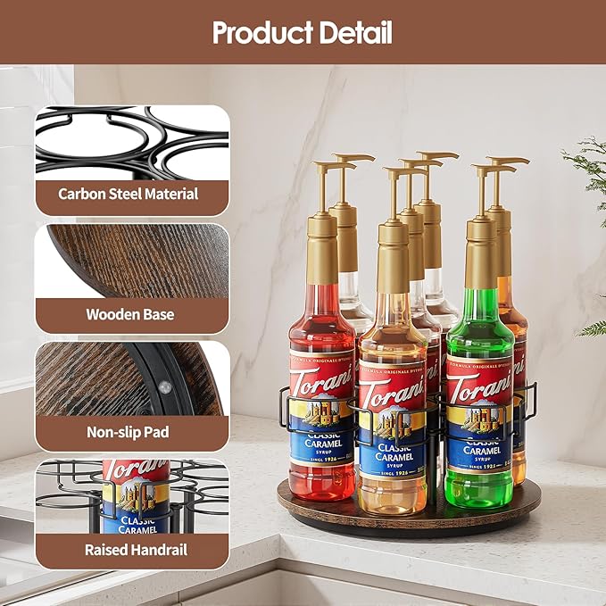 Kssiaz Rotating Coffee Syrup Organizer, 7 Bottles Coffee Syrup Rack for Countertop Syrup Bottle Holder Stand for Coffee Bar Station, Carbon Steel Frame with Wooden Base Coffee Bar Accessory, Black