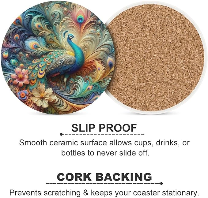 Peacock Drink Coasters, Round Ceramic Drink Coaster Round-6PCS, Beautiful Colorful Floral Peacock Art Pattren Decor Absorbent Ceramic Coasters for Beverage Cup, Bar, Coffee Table