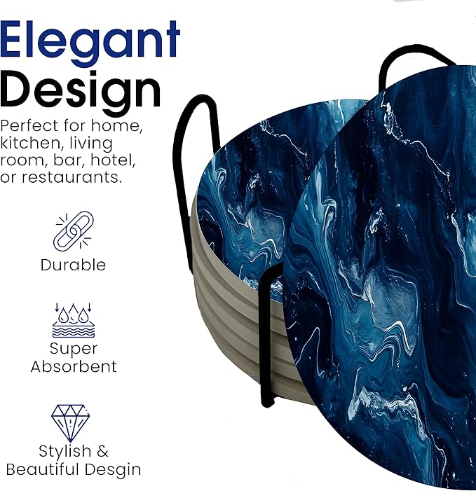 Blue Agate Marble Round Coasters Set of 6 - Abosrbent Ceramic Coasters with Metal Stand for Drinks, Coffee, Non-Slip Cork Back for Tabletop Protection, 4 Inches Marbled Pattern (Dark Marble)