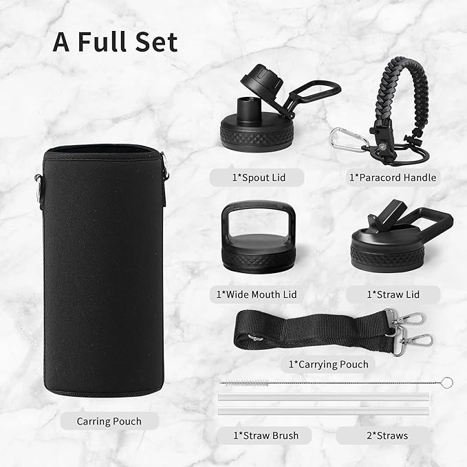 Trebo 32 oz Water Bottle Insulated with Paracord Handle and 3 Lids, Leakproof Stainless Steel Vacuum Water Jug Keep Cold 48 Hours, BPA-Free Gym Water Flask for Men Women Sports, Travel, Dark Gray