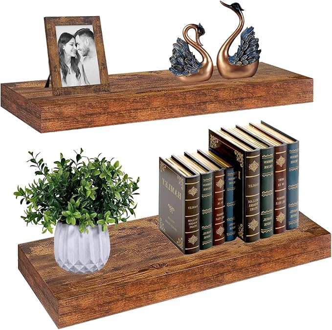 Set of 2 Rustic Shelves for Wall - 16 Inch Rustic Wood Floating Shelves with 1/5" Thicker Steel Brackets | Heavy Duty Farmhouse Wall Shelves | Solid Wood Core |Brown Wood Shelves for Décor