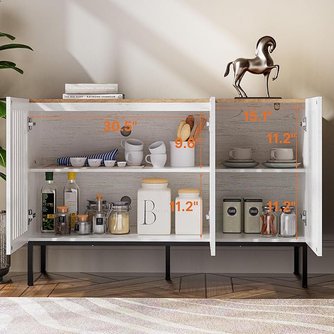 47" Farmhouse Buffet Cabinet with Metal Base, Adjustable Shelves & 3 Doors, Antique White Storage Sideboard for Kitchen, Dining & Living Room