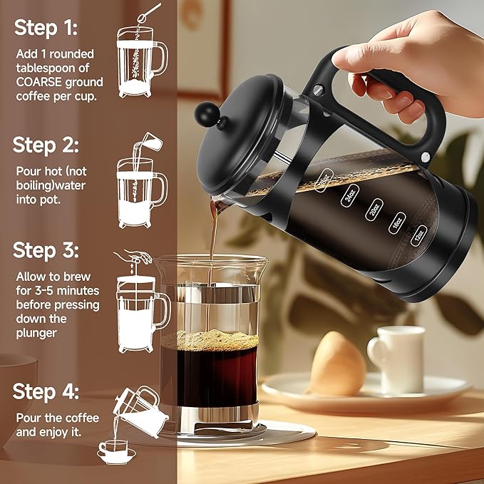 YMMIND 34 Ounce French Press Coffee Maker Black Stainless Steel Coffee Press, with 4-Level Filter System, Heat Resistant Thickness Borosilicate Glass, BPA-Free Brewed Coffee Pot for Camping Gifts
