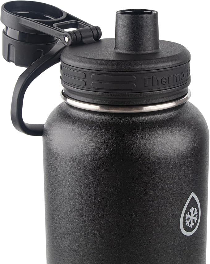 ThermoFlask Stainless Steel Water Bottles 2-Pack - Double-Wall Vacuum Insulated 40 oz BPA-Free Spout Lids - Keeps Drinks Cold 24 Hrs, Hot 12 Hrs - Leakproof, Dishwasher Safe, Black/Rose Purple
