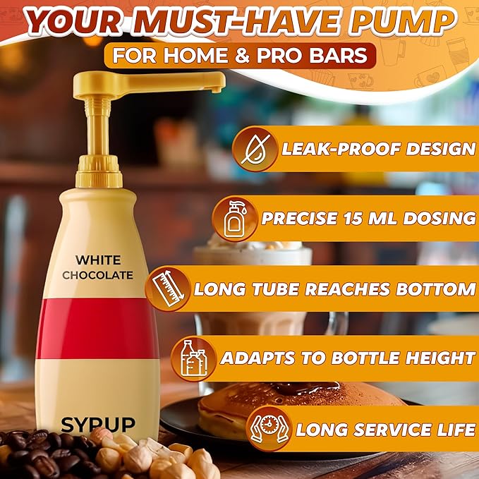 Sauce Pump Dispenser – Works with Torani, DaVinci (64oz), & Ghirardelli (87-90oz) Bottles | Pump for Coffee Syrup Bottle | Precise Dispensing 0.5oz & Lockable Design – Long Tube with Adjustable Length