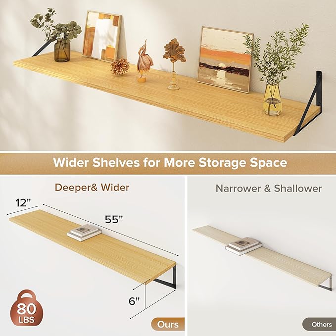 Deep Floating Shelves Wall Mounted, 55"x12" Oak Wall Shelves with Brackets Set of 2 for Bedroom, Living Room, Bathroom, Kitchen, Office - Storage & Display Shelf for Decor, Books, Plants