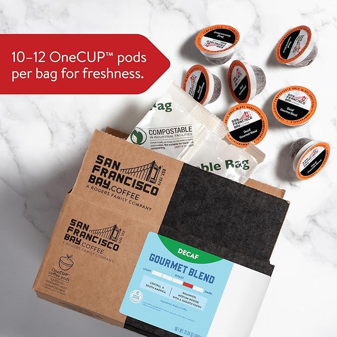 San Francisco Bay Coffee - Decaf Medium-Dark Roast - Decaf Gourmet Blend (80 ct) - Single Serve Coffee Pods, Swiss Water Processed, Commercially Compostable, K Cup Compatible
