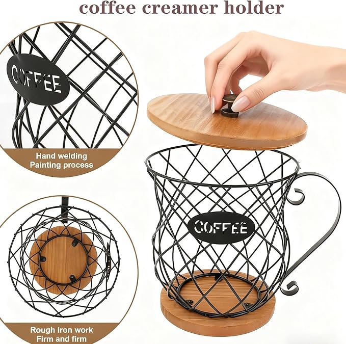 Coffee Pod Holder with Lid -Coffee Creamer Holder Large Capacity Holder for k Holder Organizer for Counter - Coffee Decor Station for Pods, Espresso, Capsules, Creamer, (Black-HH)