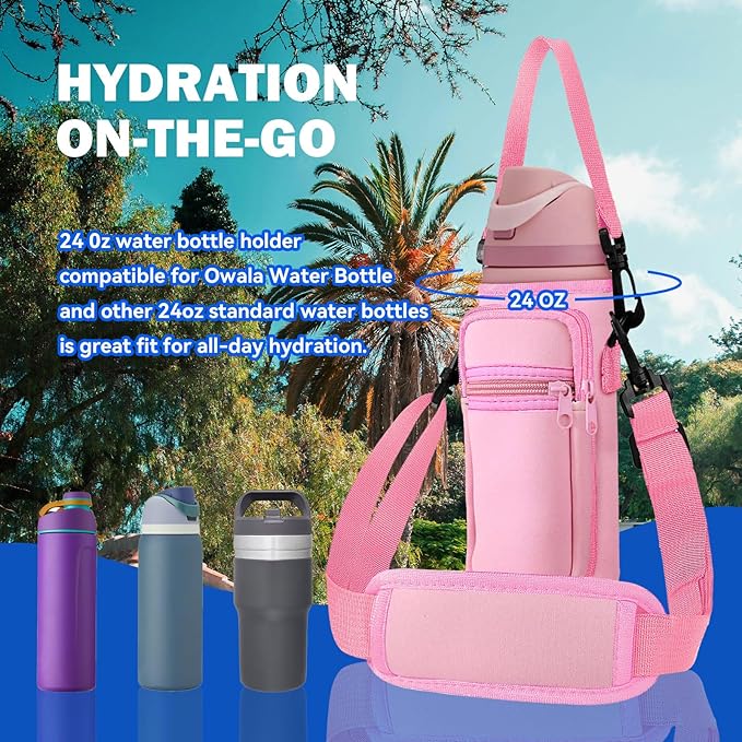 Neoprene Water Bottle Holder Bag with Cell Phone Pocket Compatible with Owala FreeSip 24 oz，Water Bottle Carrying Bag ，with Adjustable Shoulder Strap,for 24oz Stainless Steel Water Bottle